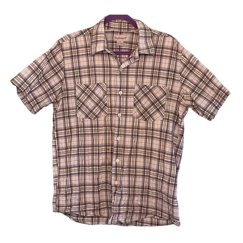 Carhartt Shirt Grey Off White Gold Plaid Loose Fit Button Down Short Sleeve Sz L